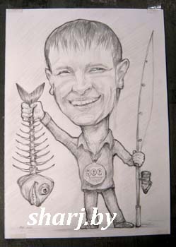 Шарж рыбак держит скелет рыбы от шаржиста Михаила Шабалина